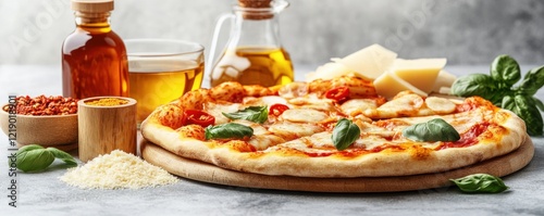 Delicious golden crust pizza served with side condiments like olive oil, parmesan cheese, and chili flakes Enjoy a gourmet culinary experience with fresh basil This delicious Italian meal is perfect photo