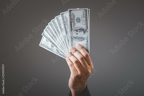 A hand holding a fan of US dollar bills against a neutral background, symbolizing wealth, finance, and economic success in business and personal finance.