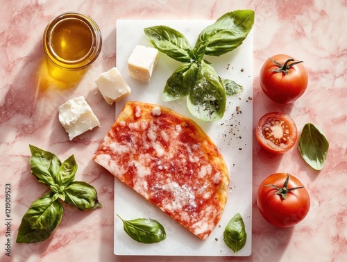 Discover the art of Italian cooking with our traditional pizza recipe card Fresh ingredients like ripe tomatoes, fragrant basil, creamy cheese, and golden olive oil create the perfect base Elevate photo