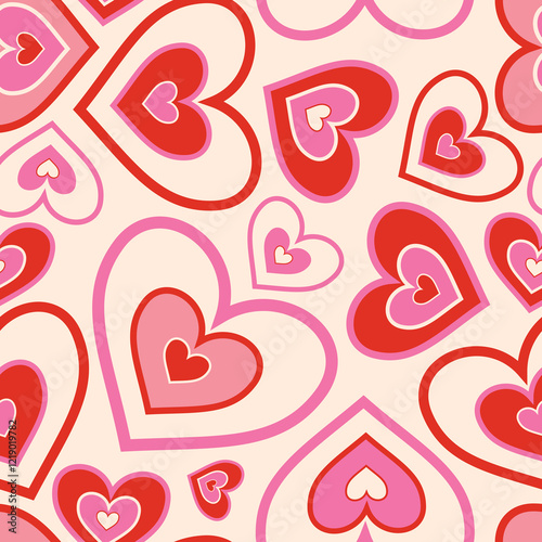 Retro Valentine's Day romantic seamless pattern with cute cartoon hearts. Love background for february 14