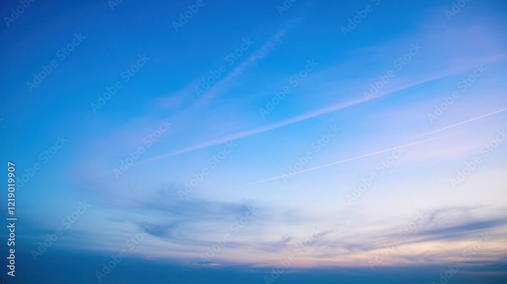 Obraz premium A serene blue sky adorned with wispy clouds at dusk, creating a tranquil and picturesque atmosphere.