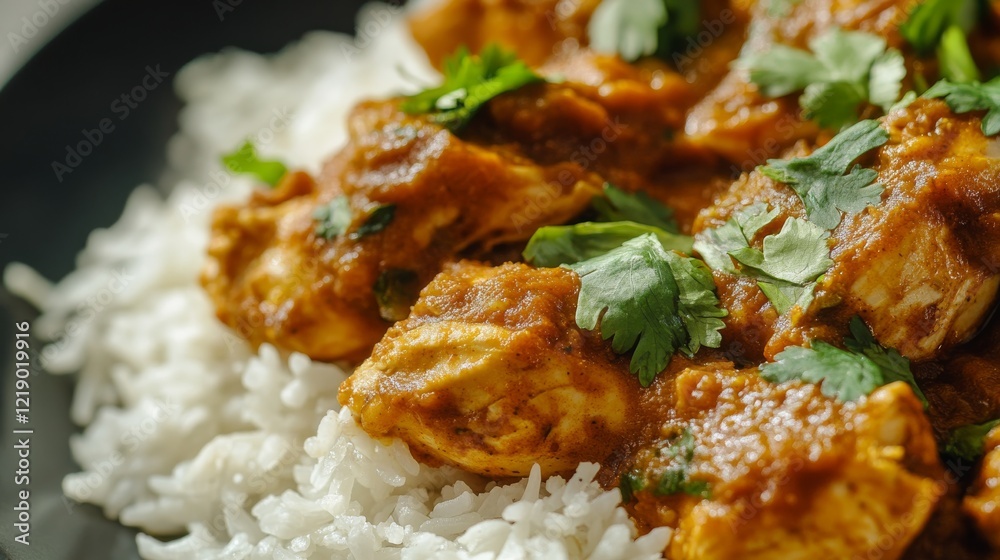 Close-up of rice with spicy Indian chicken curry. Featuring chicken in a rich curry sauce with aromatic spices, served over rice. Emphasizing a flavorful, spicy dish. Ideal for Indian recipes. Close-up of rice with spicy Indian chicken curry. Featuring chicken in a rich curry sauce with aromatic spices, served over rice. Emphasizing a flavorful, spicy dish. Ideal for Indian recipes.