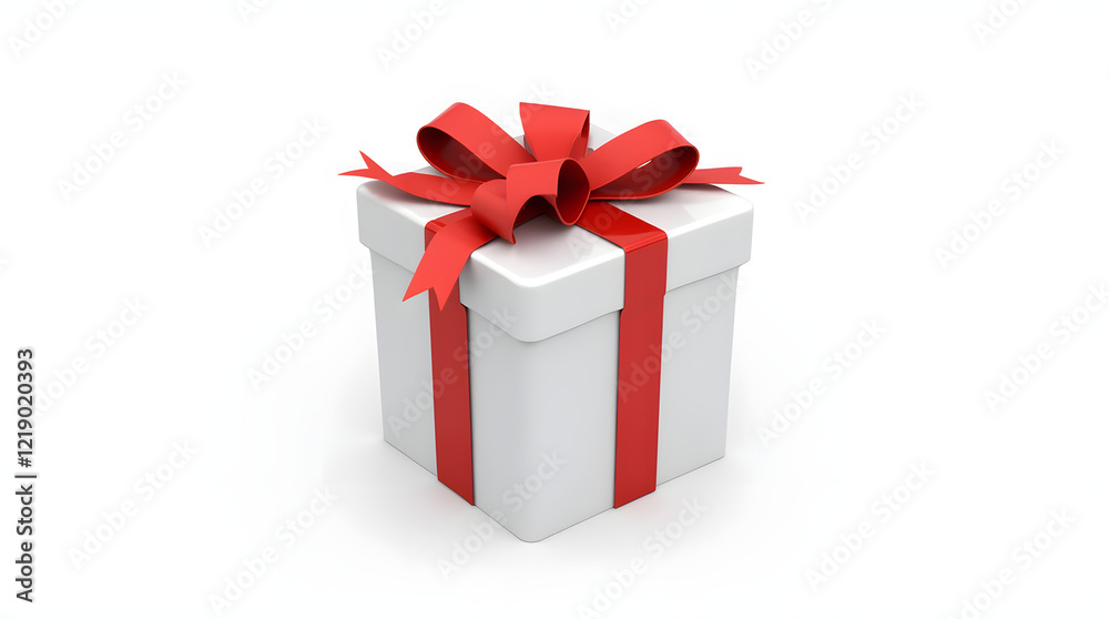 Fototapeta premium White gift box with red ribbon bow, isolated on white