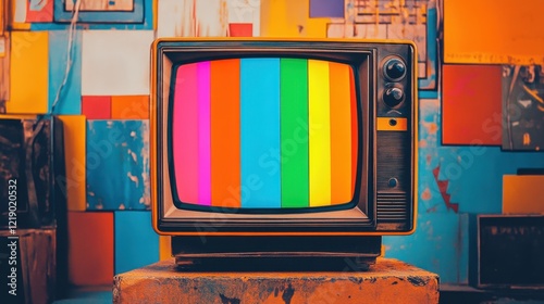 Retro television with color bars against graffiti wall	