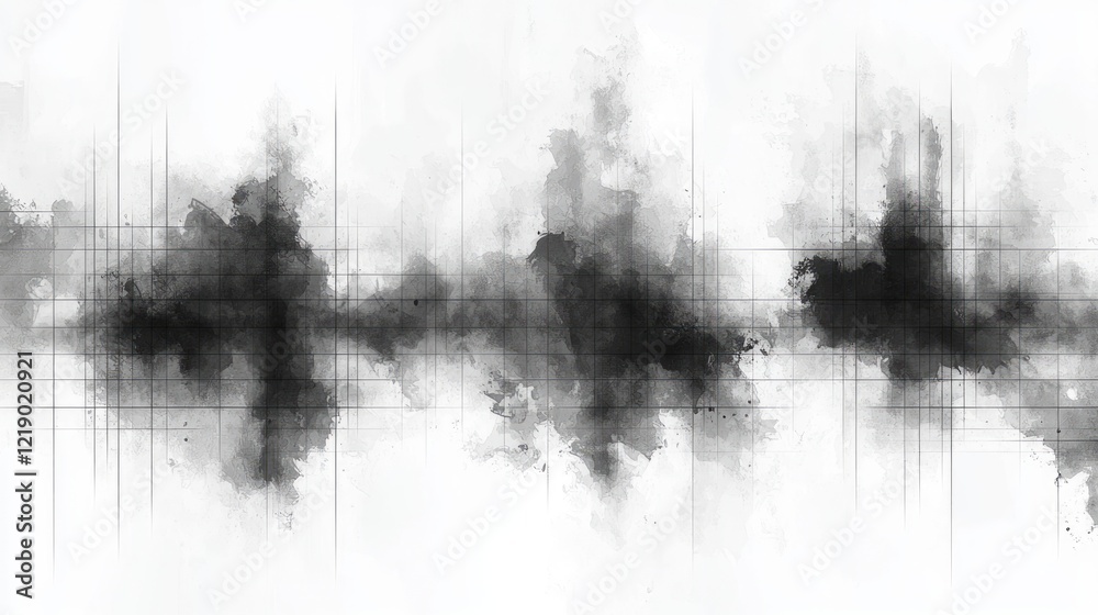 Abstract grayscale ink wash painting, waves, textured background, design element