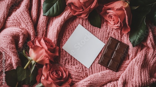 Blank greeting card, roses and chocolate on pink knited background