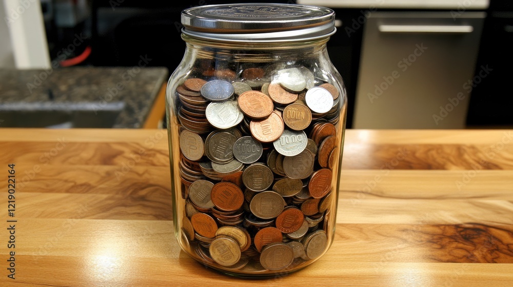 A jar filled with mixed coins and bills on a wooden table, symbolizing savings.