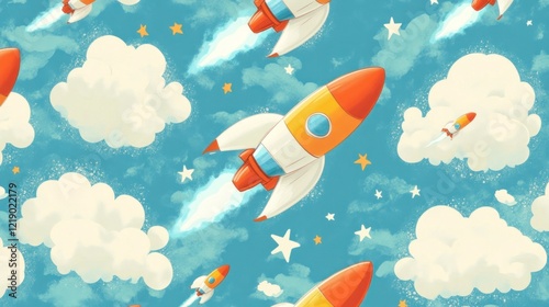 Seamless pattern of cartoon rockets flying in a starry sky with clouds.