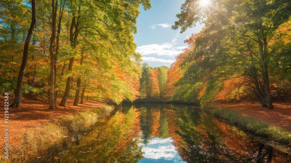 Autumn landscape with vibrant foliage reflecting in a tranquil pond, sunlight streaming through the trees, creating a peaceful atmosphere. Autumn landscape with vibrant foliage reflecting in a tranquil pond, sunlight streaming through the trees, creating a peaceful atmosphere.