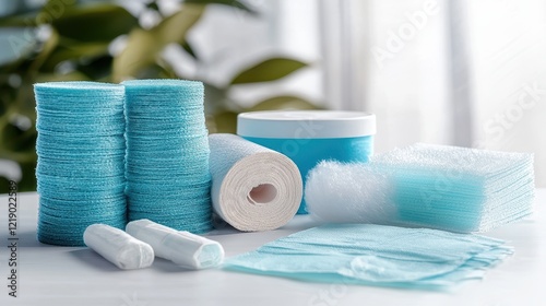 A set of antiseptic wipes and bandages on a white isolated background