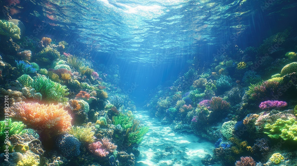 Fototapeta premium Vibrant Coral Reef Undersea Landscape Sunlit Scene