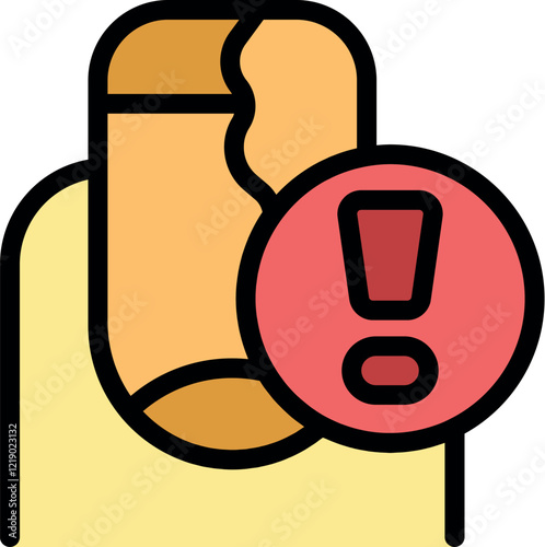 Damaged nail with an attention sign, highlighting nail health problems and the need for care