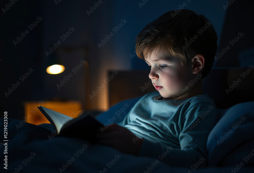 Kid sits in bed reading a book at night, absorbed in the story while soft light creates a cozy atmosphere in the room. Kid sits in bed reading a book at night, absorbed in the story while soft light creates a cozy atmosphere in the room.