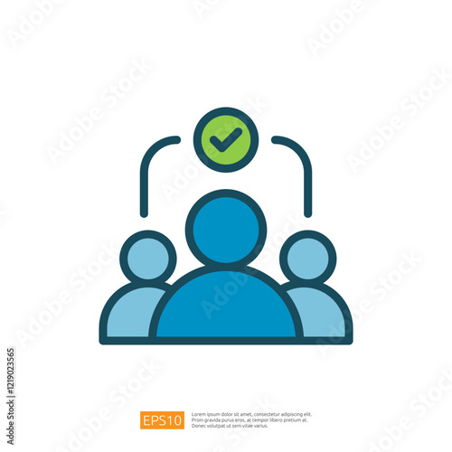 three stylized figures with a checkmark above them, symbolizing approval or agreement in a group setting. Flat line style icon
