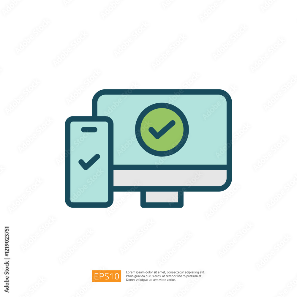 a computer and a smartphone, both displaying check marks, symbolizing successful completion or verification of tasks. Flat line style icon a computer and a smartphone, both displaying check marks, symbolizing successful completion or verification of tasks. Flat line style icon
