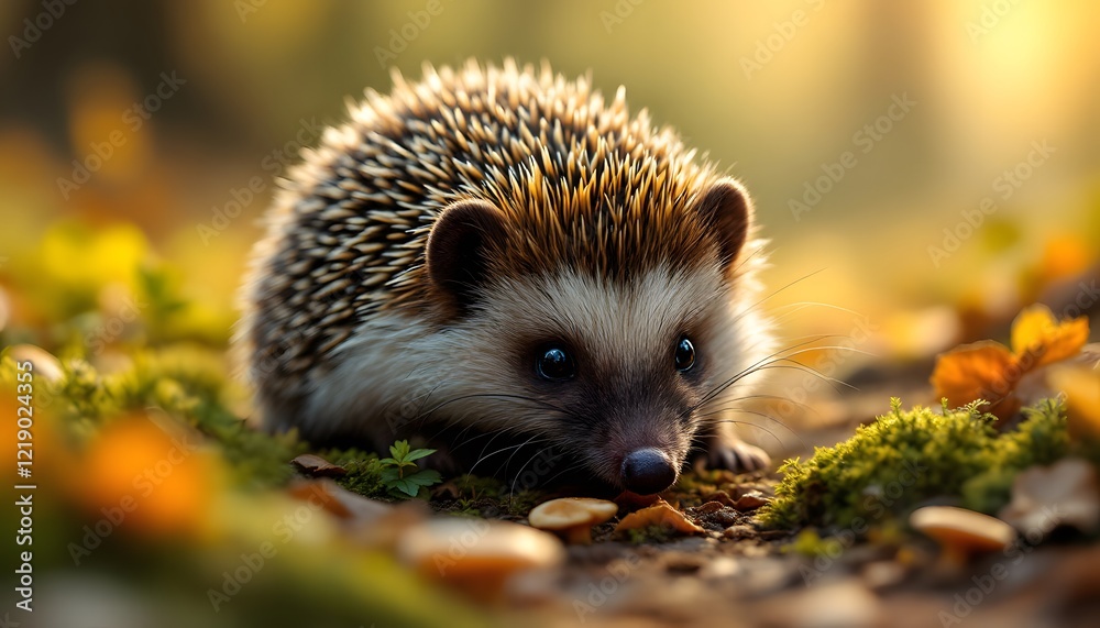An ultra-realistic close-up shot of a European hedgehog foraging in a serene forest clearing. The hedgehog is partially curled, with its spines glistening in the soft morning sunlight. Its tiny nose An ultra-realistic close-up shot of a European hedgehog foraging in a serene forest clearing. The hedgehog is partially curled, with its spines glistening in the soft morning sunlight. Its tiny nose