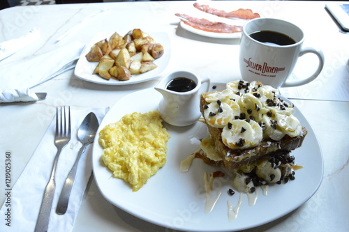 Breakfast diner eggs and banana french toast