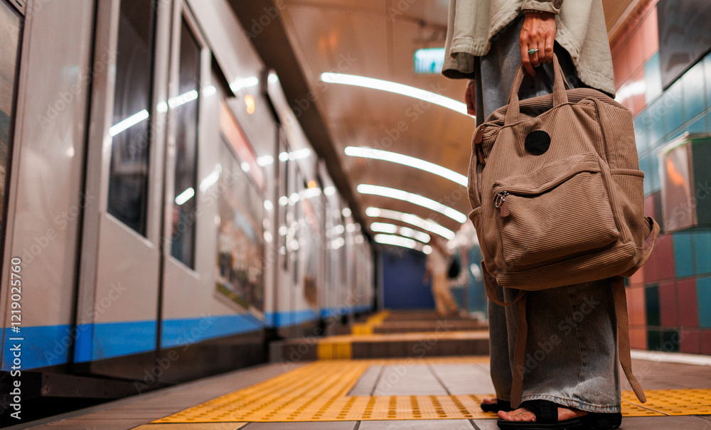 Obraz premium girl with bag waiting for train at station. wait for train. girl in subway. young girl in stylish clothes and with bag in subway. fashionable bag close-up.