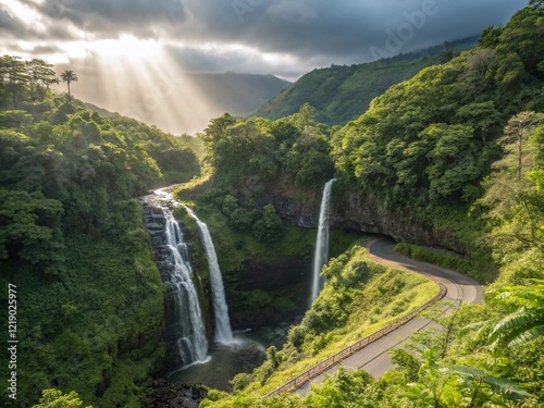 Majestic Triple Hanawi Falls, Road to Hana, Maui, Hawaii: Lush Waterfall Landscape Photography photo