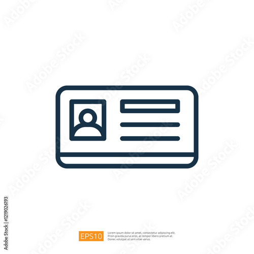 A graphic representation of an identification card featuring a photo placeholder and blank fields for personal information.  line style icon