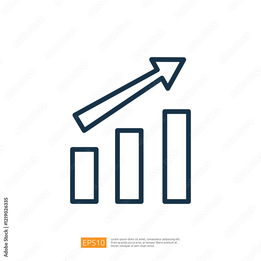 a stylized graph with three ascending bars and an upward arrow, symbolizing growth or progress in a business context. line style icon a stylized graph with three ascending bars and an upward arrow, symbolizing growth or progress in a business context. line style icon