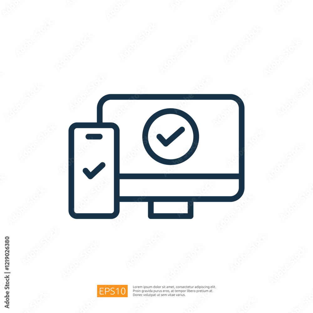 a computer and a smartphone, both displaying check marks, symbolizing successful completion or verification of tasks. line style icon a computer and a smartphone, both displaying check marks, symbolizing successful completion or verification of tasks. line style icon
