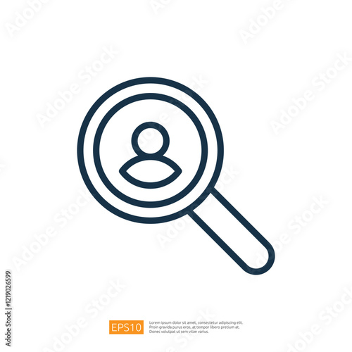 A simple graphic of a magnifying glass with a person icon in the center, symbolizing search or investigation related to individuals.  line style icon