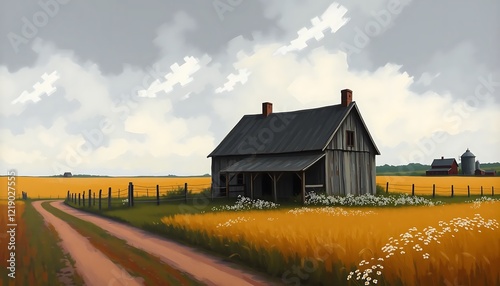 Rural landscape with golden wheat fields, vibrant wildflowers, rustic barn, winding dirt road, cloudy sky, oil painting texture, vivid colors, tranquil countryside. photo