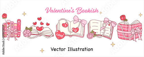 Valentine's Bookish Booklover Vector Book with love and rose Groovy Valentine Book Coquette Bows Cute Books Vector Illustration