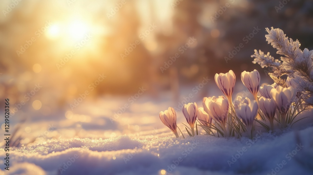 Fototapeta premium Delicate crocus flowers emerge through the snow, their vibrant petals glowing in the soft warmth of the morning sunlight, symbolizing resilience and the arrival of spring.