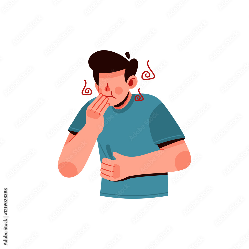 Man suffering from nausea, vomit, food poisoning symptoms. Unhappy male character feel stomachache because digestive problem. Flat vector illustration isolated on white background Man suffering from nausea, vomit, food poisoning symptoms. Unhappy male character feel stomachache because digestive problem. Flat vector illustration isolated on white background