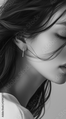 Woman with her hair blowing in the wind. Model poses for the camera in a close-up shot, with neutral background and soft lighting. Modern jewelry brand ad campaign with a minimal aesthetic