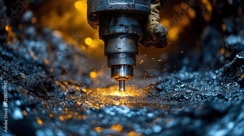 Worker drilling metal, sparks flying, industrial setting