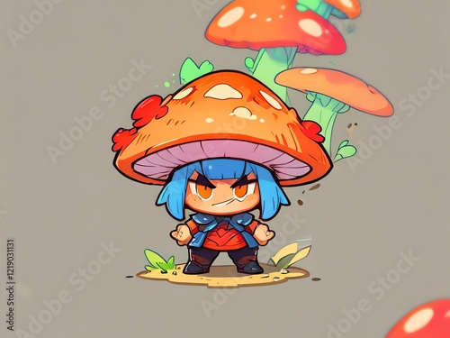 Mighty Mushroom Girl: A whimsical digital illustration of a fierce, chibi-style character wearing a giant mushroom cap, surrounded by other fungi. photo