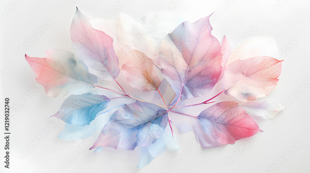 Fototapeta premium Watercolor pastel leaves, pastel colors, soft and dreamy atmosphere, white background