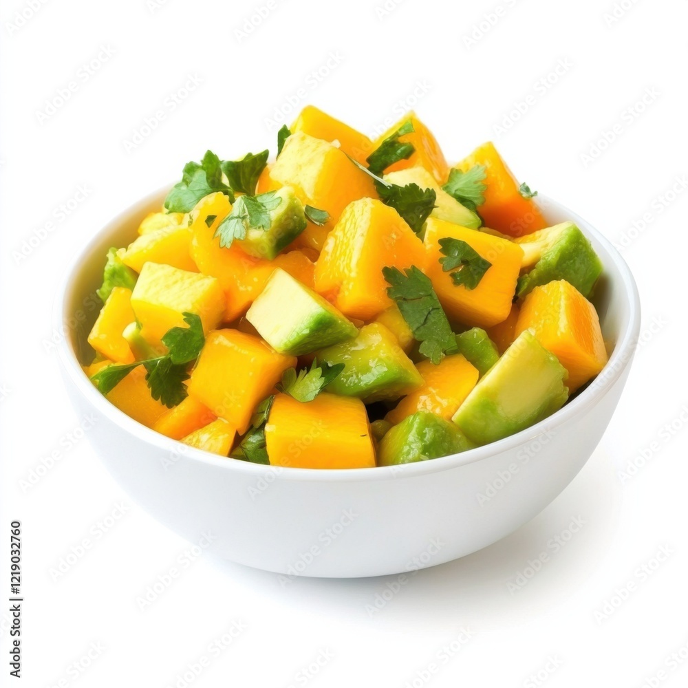A fresh mango and avocado salsa, isolated white background, minimalist art style A fresh mango and avocado salsa, isolated white background, minimalist art style