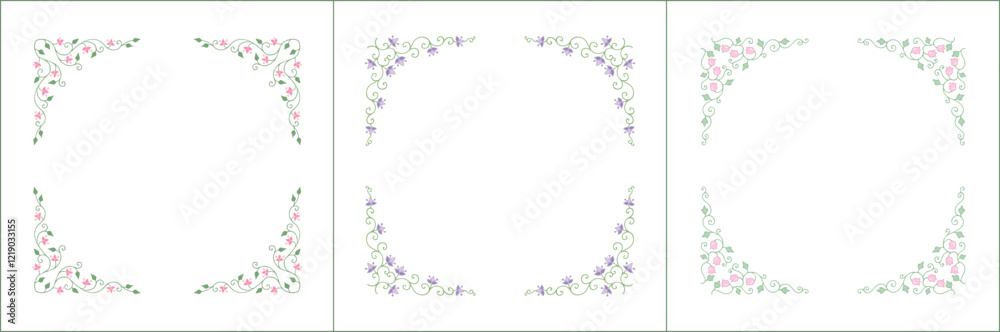 Set of three elegant green vegetal ornamental frame with purple and pink flowers, decorative border. Isolated vector illustration Set of three elegant green vegetal ornamental frame with purple and pink flowers, decorative border. Isolated vector illustration