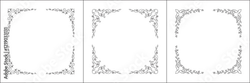 Wallpaper Mural Set of three vector decorative round frames, vegetal ornamental frame with flowers, decorative border, corners, black and white. Isolated vector illustration. Torontodigital.ca