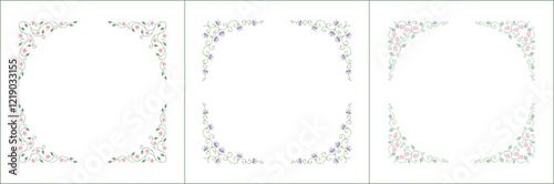 Set of three elegant green vegetal ornamental frame with purple and pink flowers, decorative border. Isolated vector illustration