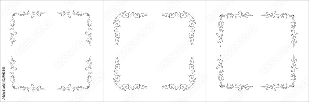 Set of three vector decorative frames, vegetal ornamental frame with flowers, decorative border, corners, black and white. Isolated vector illustration. Set of three vector decorative frames, vegetal ornamental frame with flowers, decorative border, corners, black and white. Isolated vector illustration.