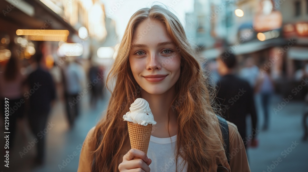 A young woman smiles while holding an ice cream cone in a busy outdoor setting with blurred people in the background A young woman smiles while holding an ice cream cone in a busy outdoor setting with blurred people in the background