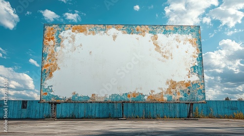Rusty, blank drive-in movie screen under blue sky.