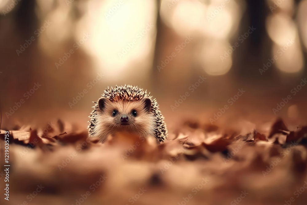 Adorable hedgehog peeking from autumn leaves in a forest. Adorable hedgehog peeking from autumn leaves in a forest.