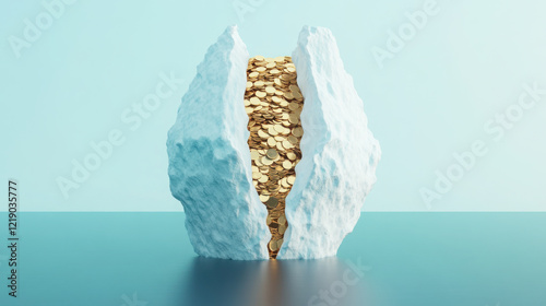 iceberg split in two reveals hidden gold coins, symbolizing hidden costs of climate inaction. This striking image highlights urgent need for environmental awareness