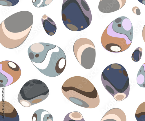 Stones of different colors and shapes from a set of natural textures for design or yoga. Seamless background or pattern. Vector.