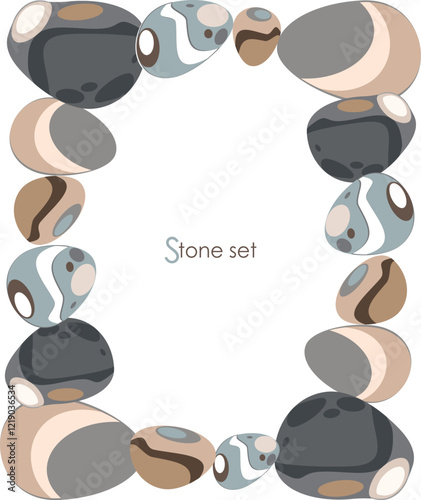 Stones of different colors and shapes from a set of natural textures for design or yoga. A frame on a transparent background. Vector.