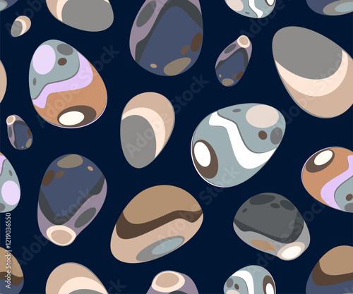 Stones of different colors and shapes from a set of natural textures for design or yoga. Seamless background or pattern. Vector.