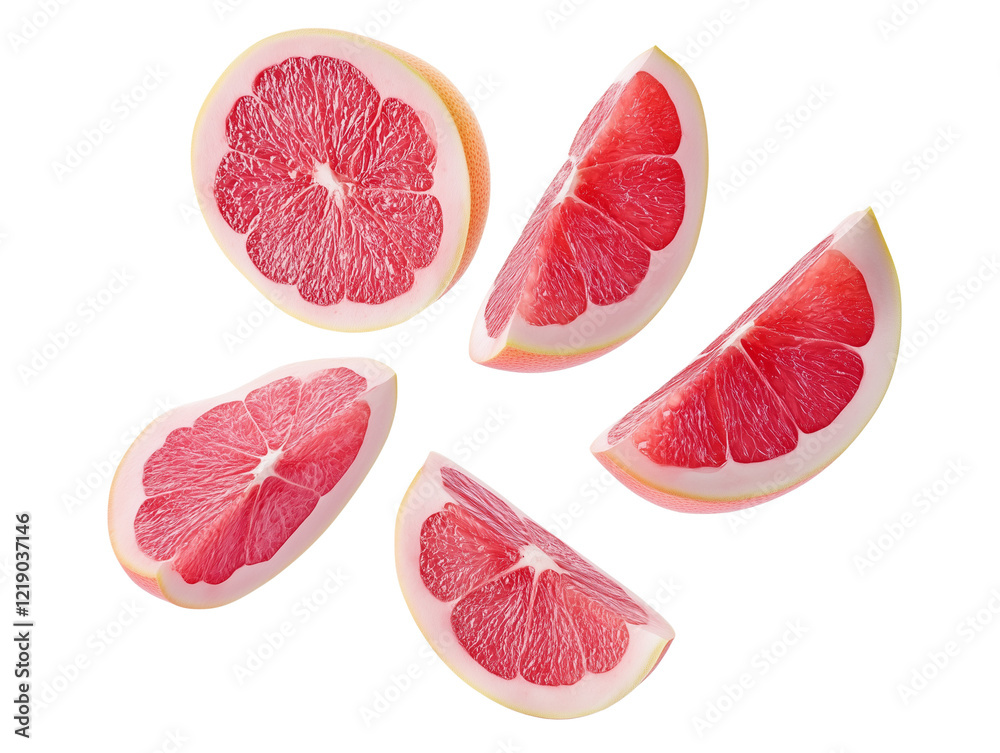 Fresh red grapefruit slices falling, juicy citrus fruit with vibrant color and refreshing flavor, perfect for healthy food photography, isolated on transparent background, Ai generated images Fresh red grapefruit slices falling, juicy citrus fruit with vibrant color and refreshing flavor, perfect for healthy food photography, isolated on transparent background, Ai generated images