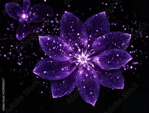  Flor roxa com particulas brilhantes em fundo escuro. Purple flower with shiny particles on dark background. photo