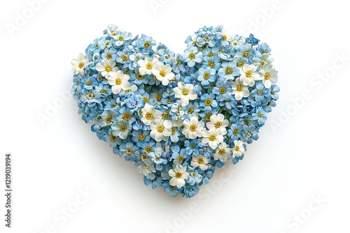 Heart-shaped arrangement of delicate blue and white forget-me-nots on a white background
